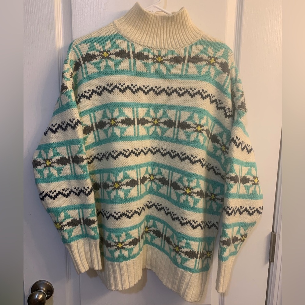 American Eagle Cream Blue Fair Isle Floral Vintage Style Mock Neck Sweater XS